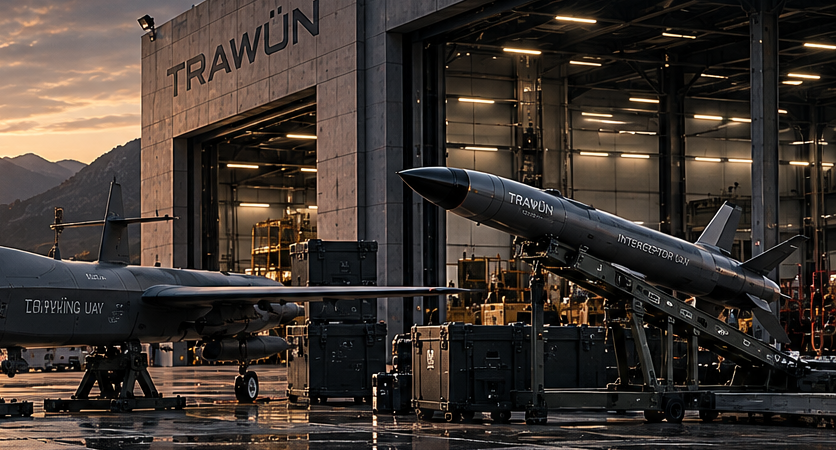 TRAWÜN industrial hangar with loitering and interceptor UAV systems at sunrise in a mountain environment